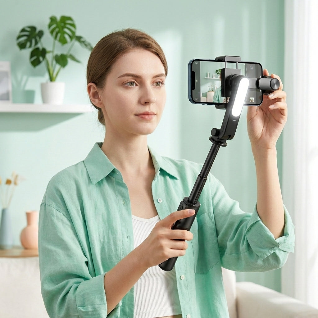 Woman using the phone stabilizer indoors with the 3-level LED fill light illuminating her face for smooth, well-lit footage.