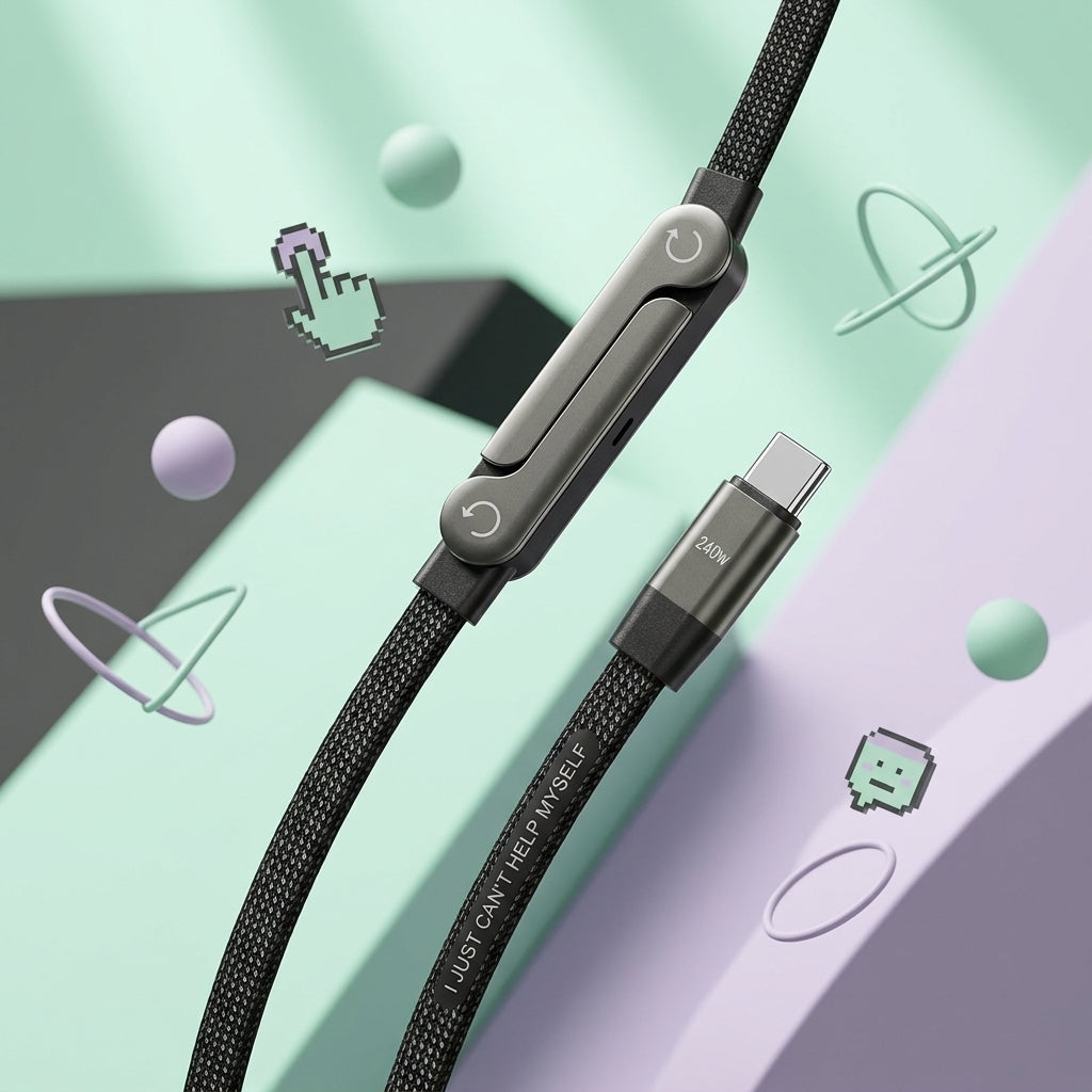 2 in 1 phone stand and fast charging cable shown with the 360° rotating metal stand deployed, keeping the phone upright while charging.