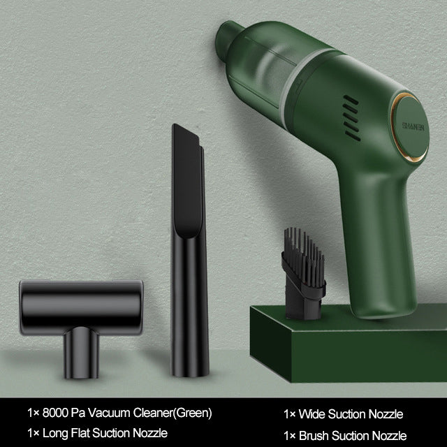 Portable handheld car vacuum in green shown from the side, highlighting the lightweight design ideal for quick car clean-ups.