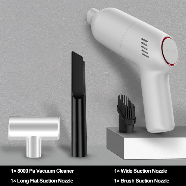Portable handheld car vacuum in white shown from the side, highlighting the lightweight design ideal for quick car clean-ups.