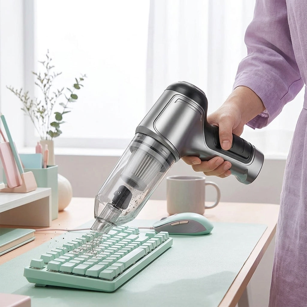 Person using the portable vacuum cleaner to clean a keyboard, showing versatile use beyond the car.