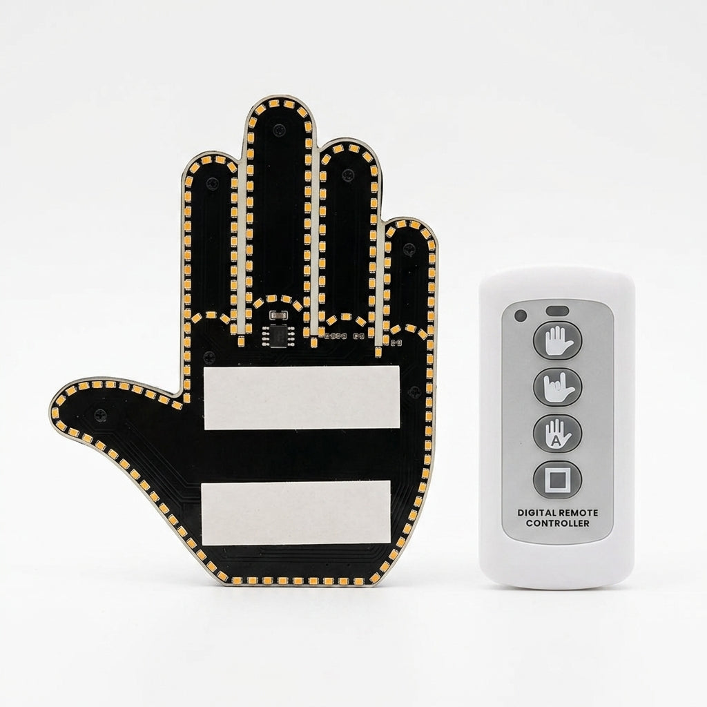 Rear window emoji display mounted on a car rear window, showing how the amber LED gesture is visible to the driver behind.