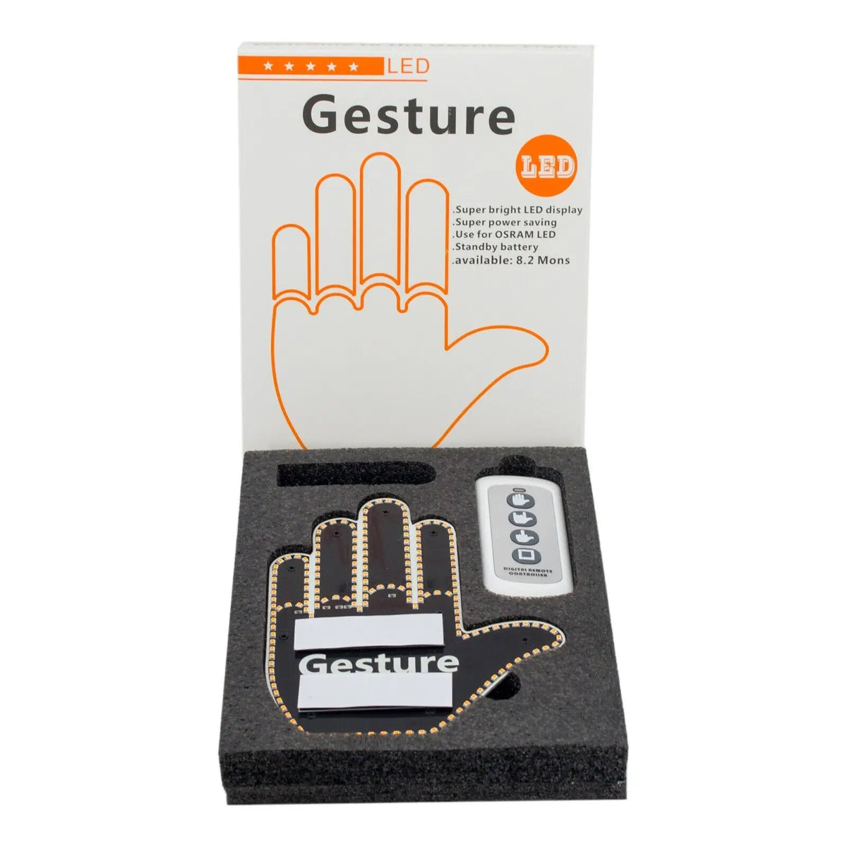 LED rear window emoji communicator shown in retail packaging with the gesture display, remote control, and replaceable battery included.