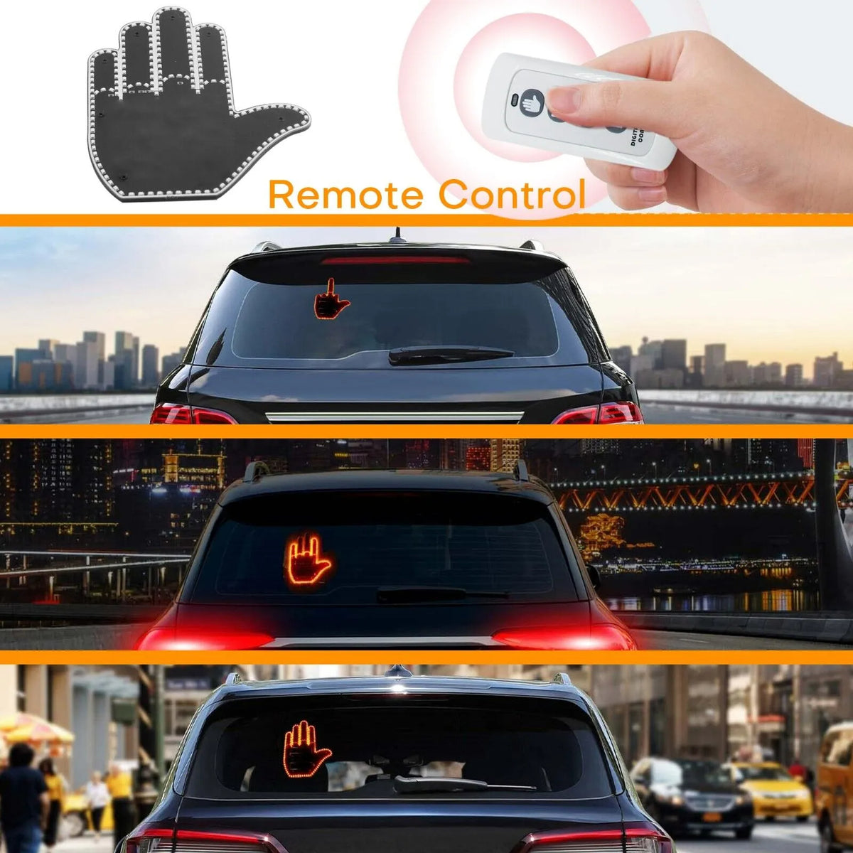 Rear window emoji infographic showing all three LED gesture modes - thank you wave, peace sign, and Love & Peace -for communicating with other drivers.