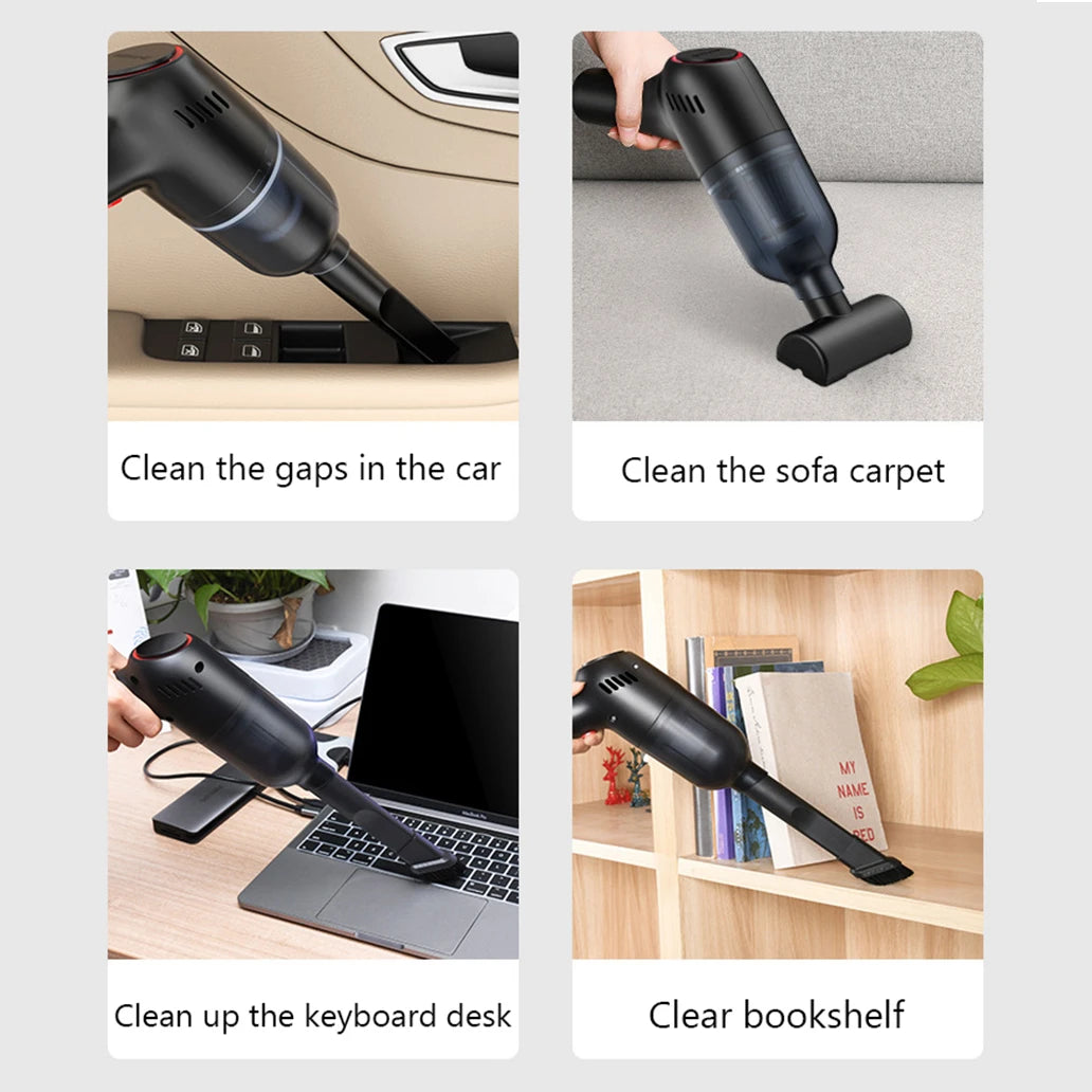Infographic showing the small vacuum for car gap cleaning and home carpet use, with two illustrated use case panels.