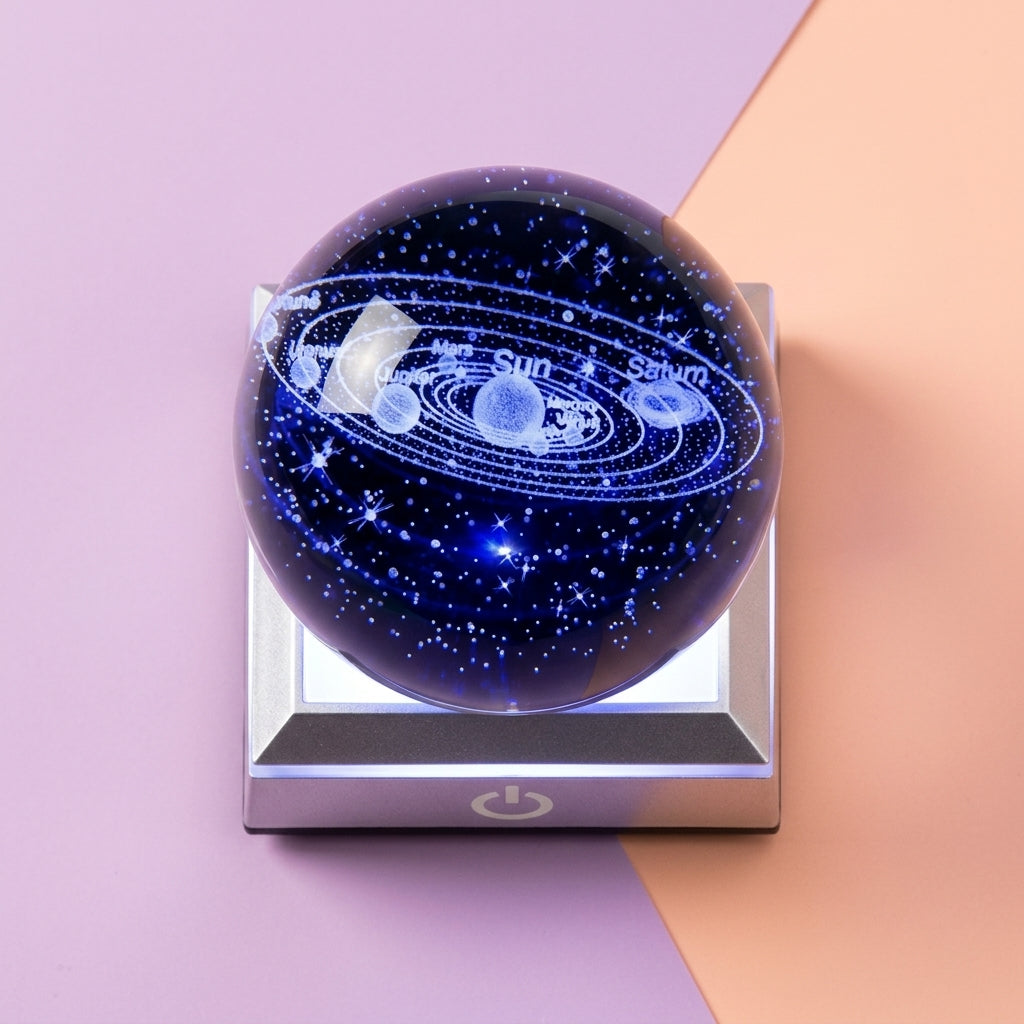 Solar system crystal ball with glowing LED base displaying 3D engraved planets inside.