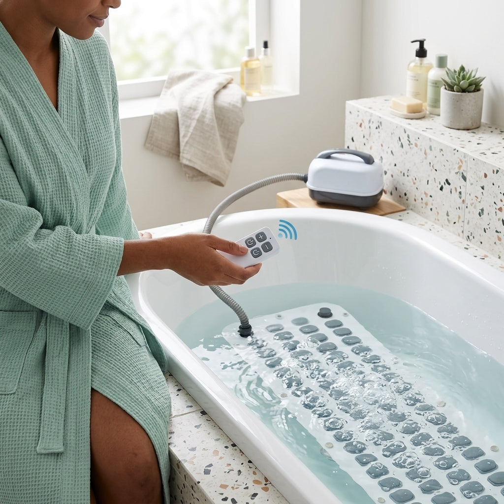 Woman in a robe using the remote control to adjust the spa bath mat bubble intensity, showing the 5-metre cord for effortless in-bath control.