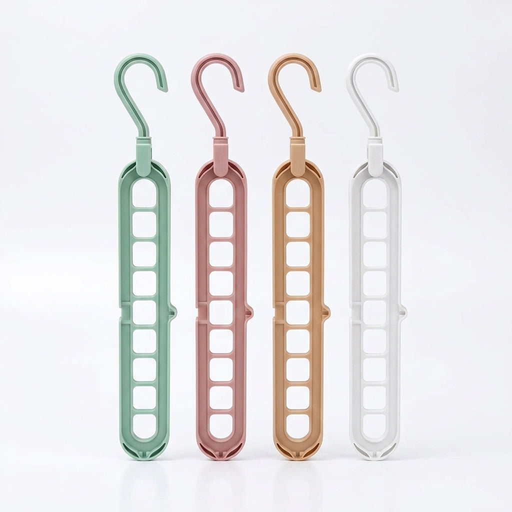 Space saving clothes hangers shown in all four colour variants - blue, green, powder, and white - pack of 10 for full wardrobe organisation