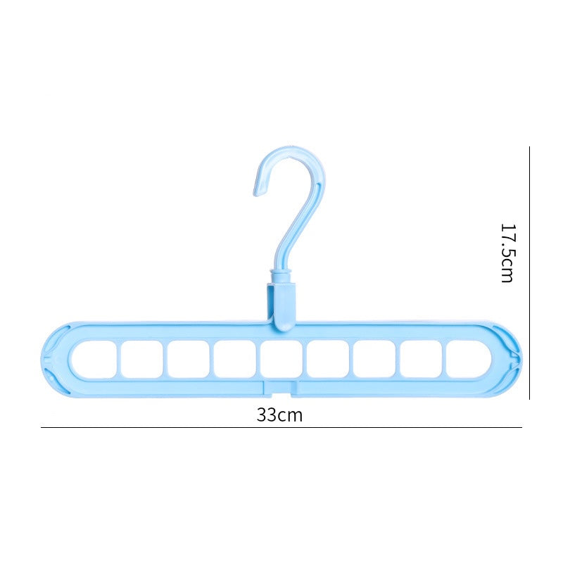 Blue 9-hole space saving hanger shown with dimensions 33x17.5cm, featuring a 360° rotating hook for any wardrobe rail.