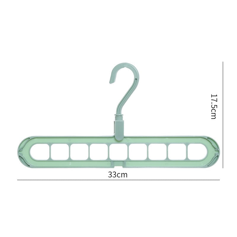 Green 9-hole space saving hanger shown with dimensions 33x17.5cm, featuring a 360° rotating hook for any wardrobe rail