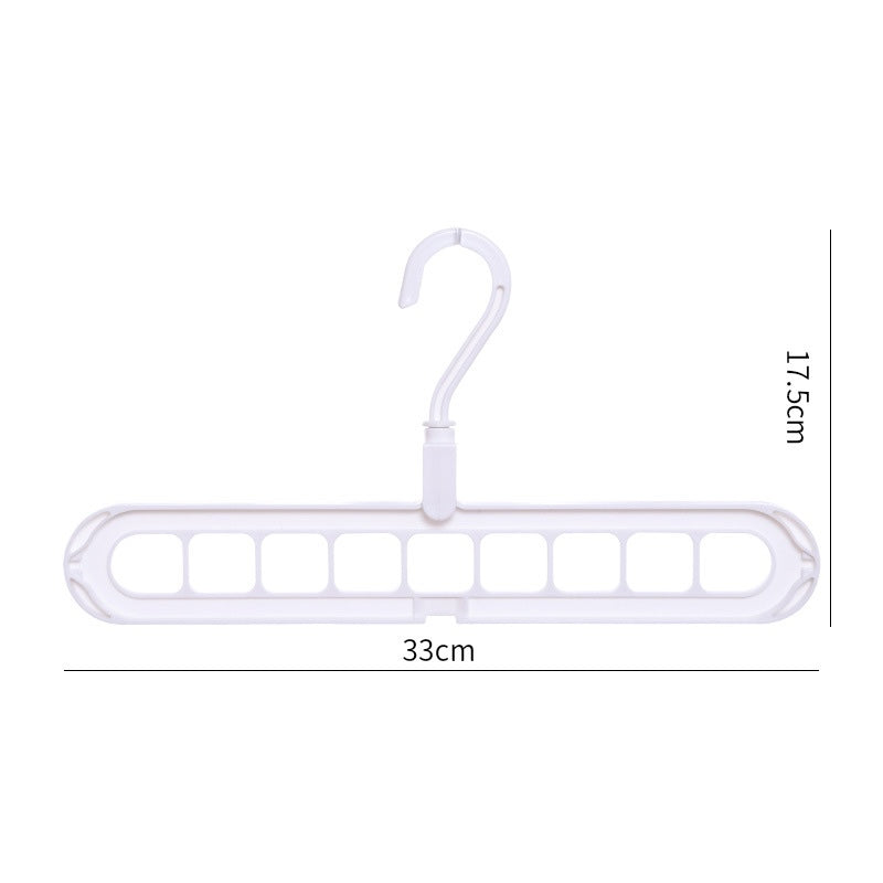 White 9-hole space saving hanger shown with dimensions 33x17.5cm, featuring a 360° rotating hook for any wardrobe rail.