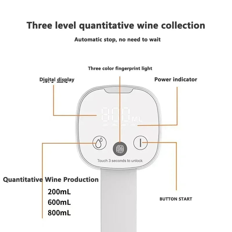 Spirit dispenser infographic showing the three quantitative pour settings (200ml, 600ml, 800ml) and the LED power indicator display.