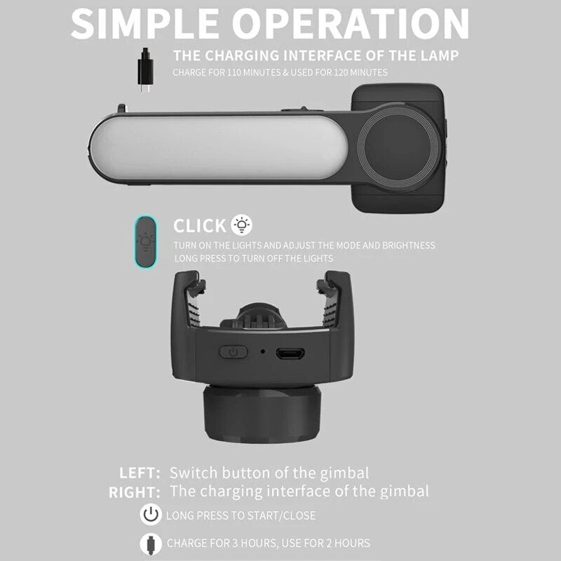 Simple operation guide for the stick for selfies, showing how to fold, extend, and rotate the gimbal for different shooting angles.