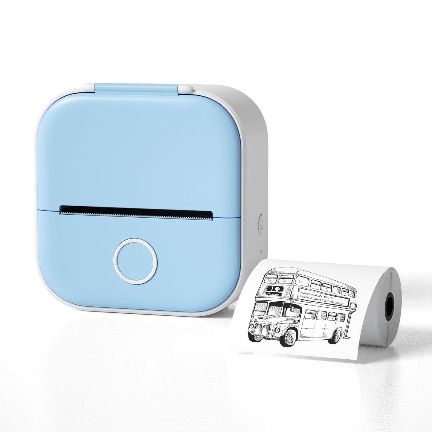 Blue thermal label printer shown with a printed thermal paper roll, highlighting the compact pocket-sized design.