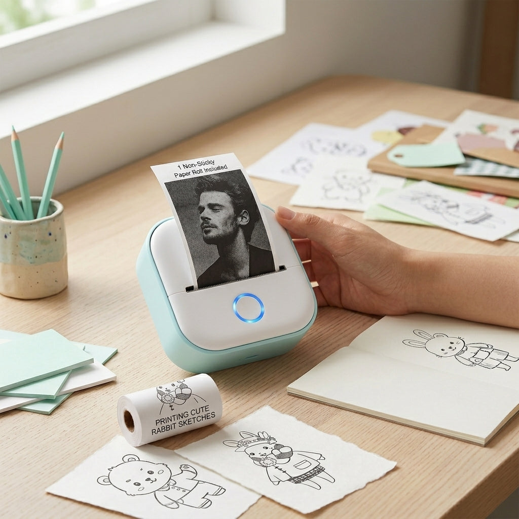 Person using the thermal label printer at a desk, printing labels and photos with the Bluetooth app on their smartphone.