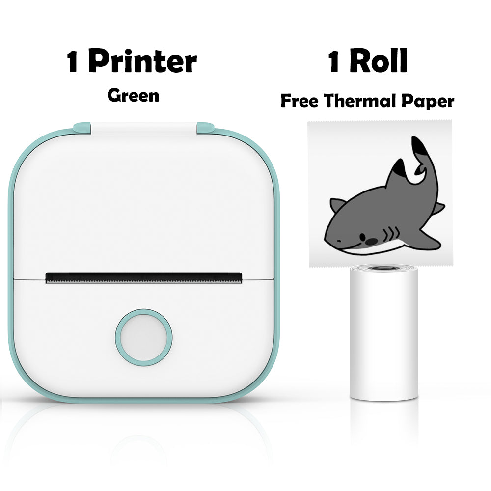 Green thermal label printer shown with 1 free thermal paper roll included in the starter bundle.