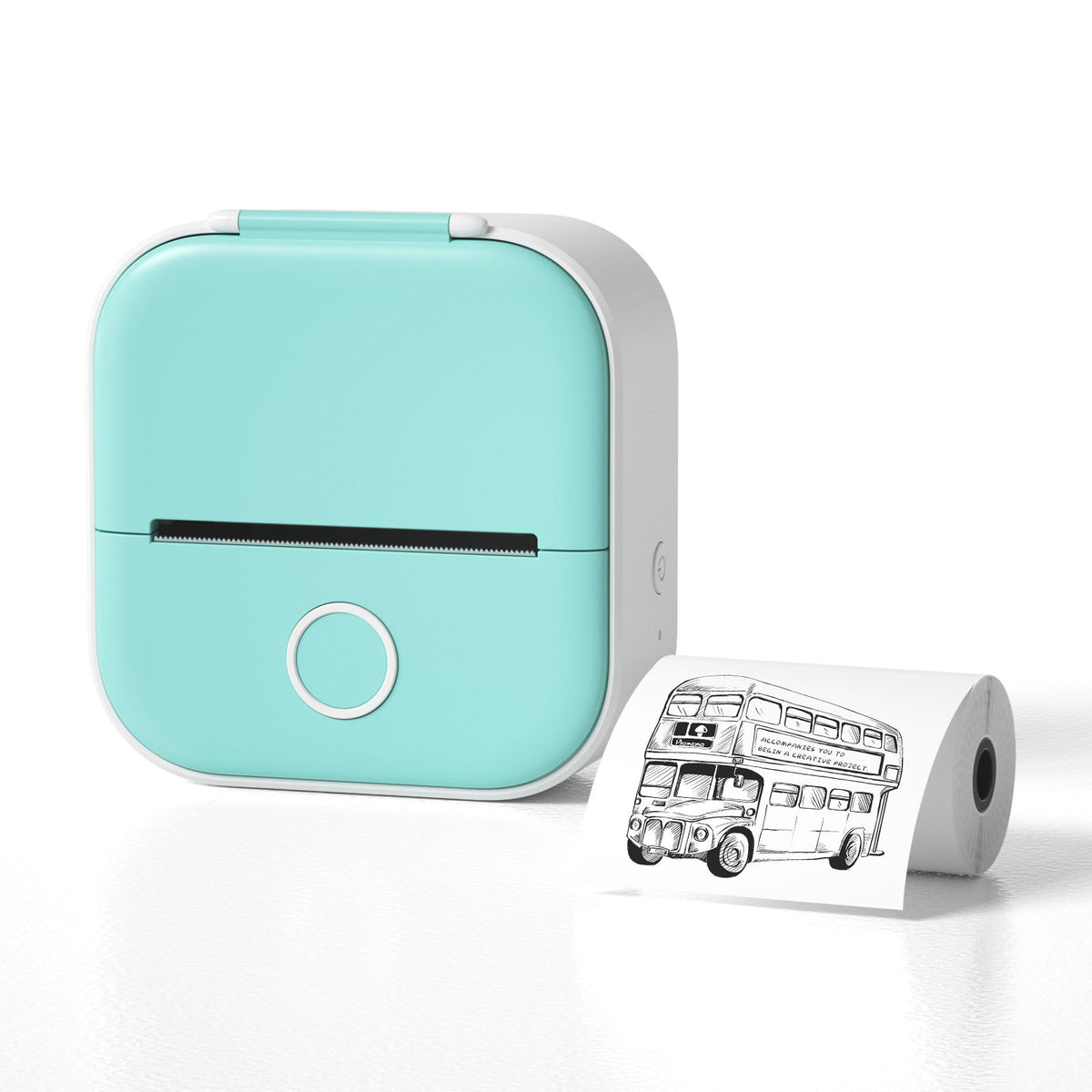 Green thermal label printer shown with a printed thermal paper roll, highlighting the compact pocket-sized design.