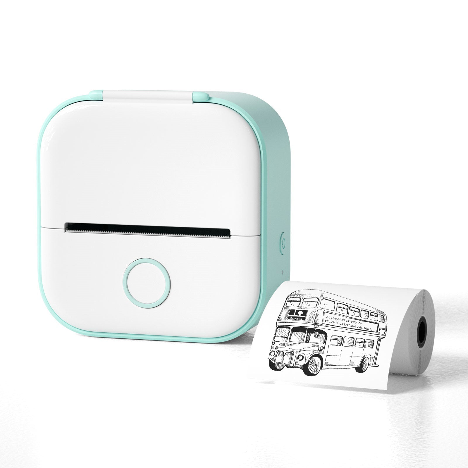Green and white thermal label printer shown with a printed thermal paper roll, highlighting the compact pocket-sized design.