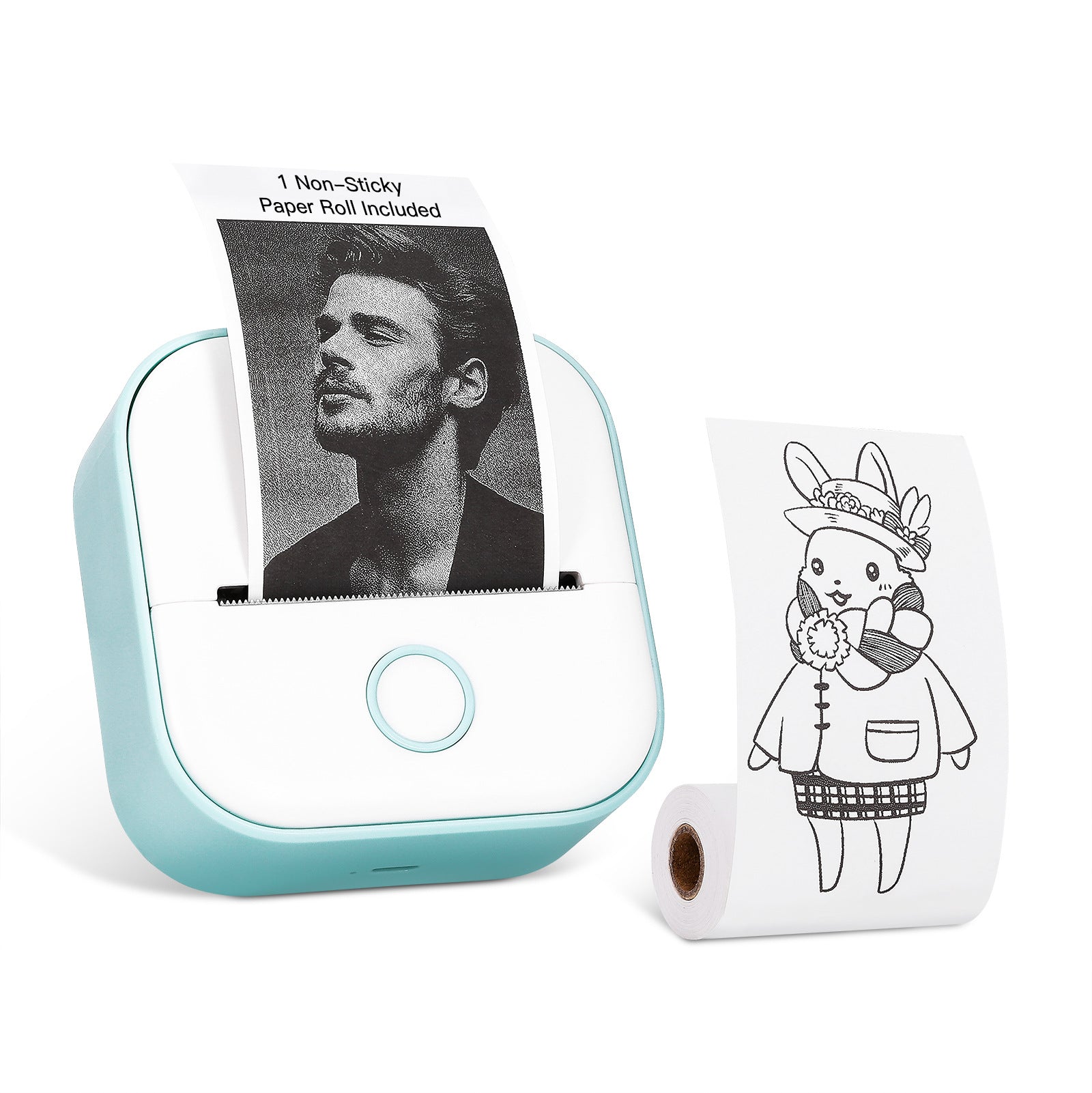 Thermal label printer printing a hand-drawn rabbit illustration, demonstrating the inkless printing quality on thermal labels.