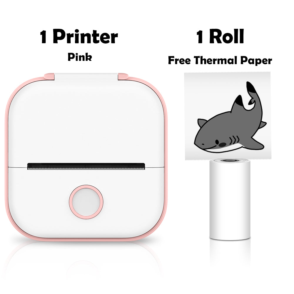 Pink thermal label printer shown with 1 free thermal paper roll included in the starter bundle.