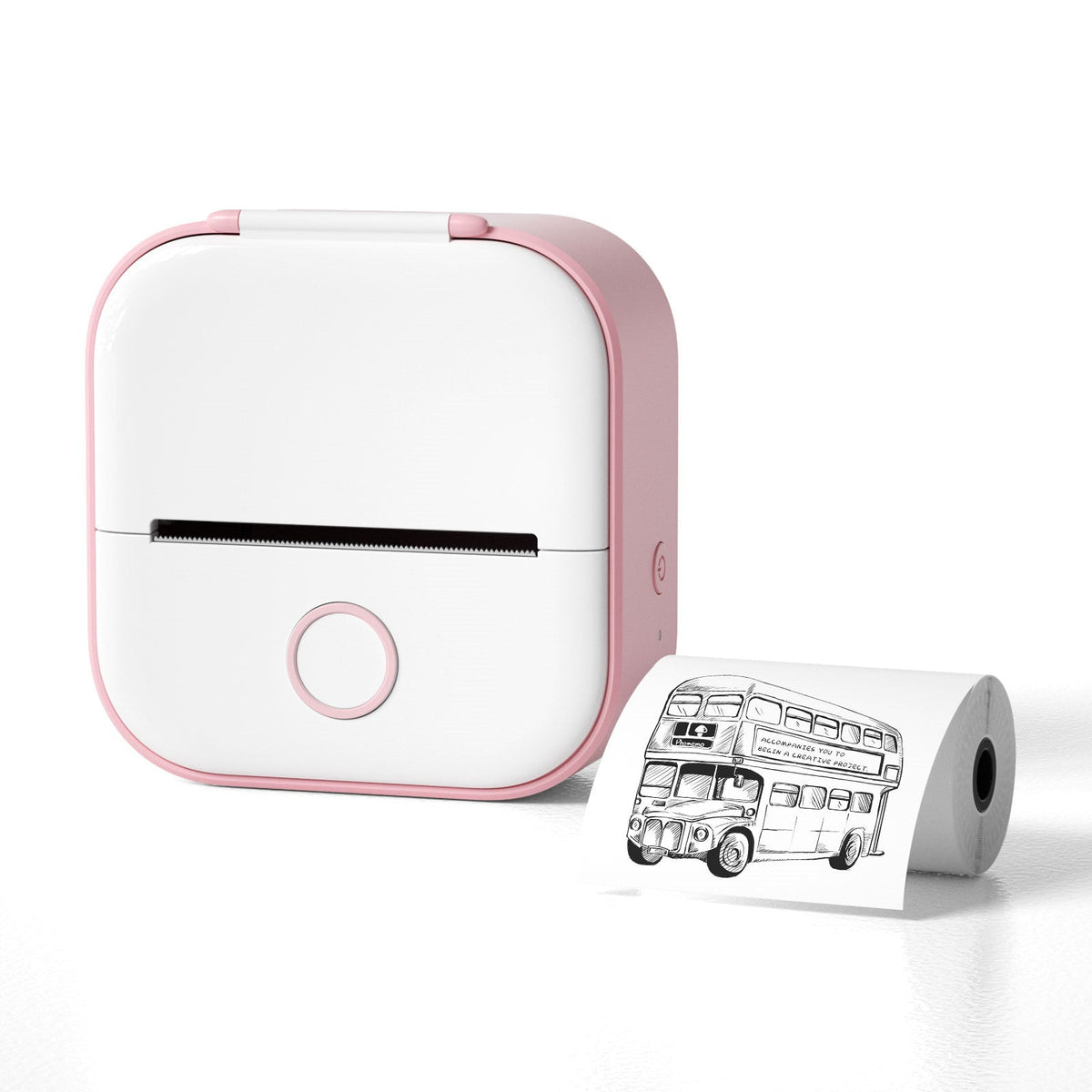 Pink and white thermal label printer shown with a printed thermal paper roll, highlighting the compact pocket-sized design.