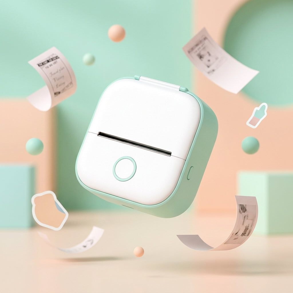 Thermal label printer shown with self-adhesive label strips, highlighting the inkless peel-and-stick printing capability.
