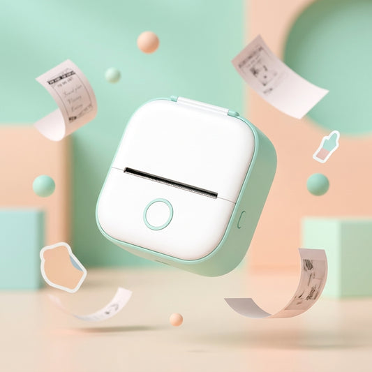 Thermal label printer shown with self-adhesive label strips, highlighting the inkless peel-and-stick printing capability.