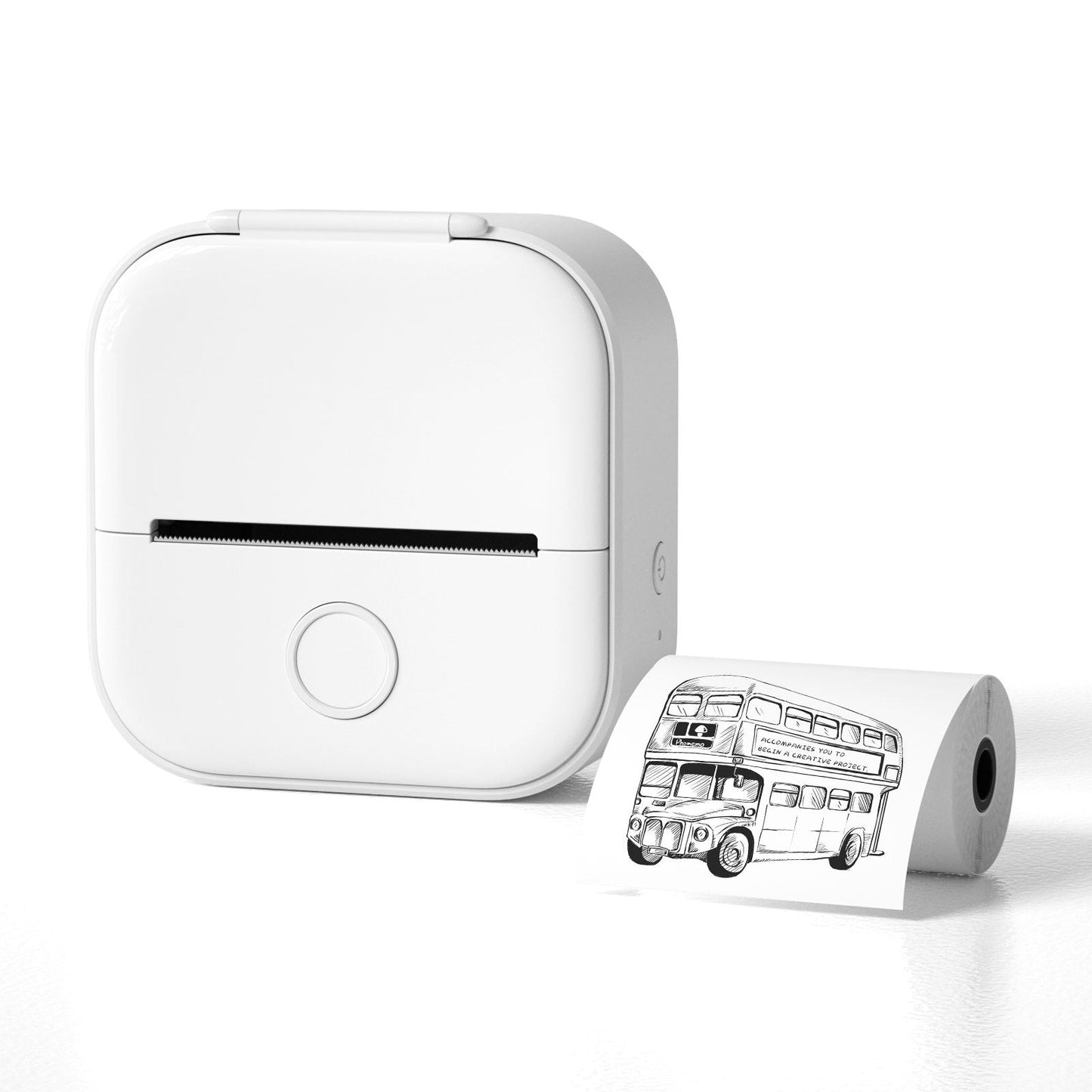 White thermal label printer shown with a printed thermal paper roll, highlighting the compact pocket-sized design.