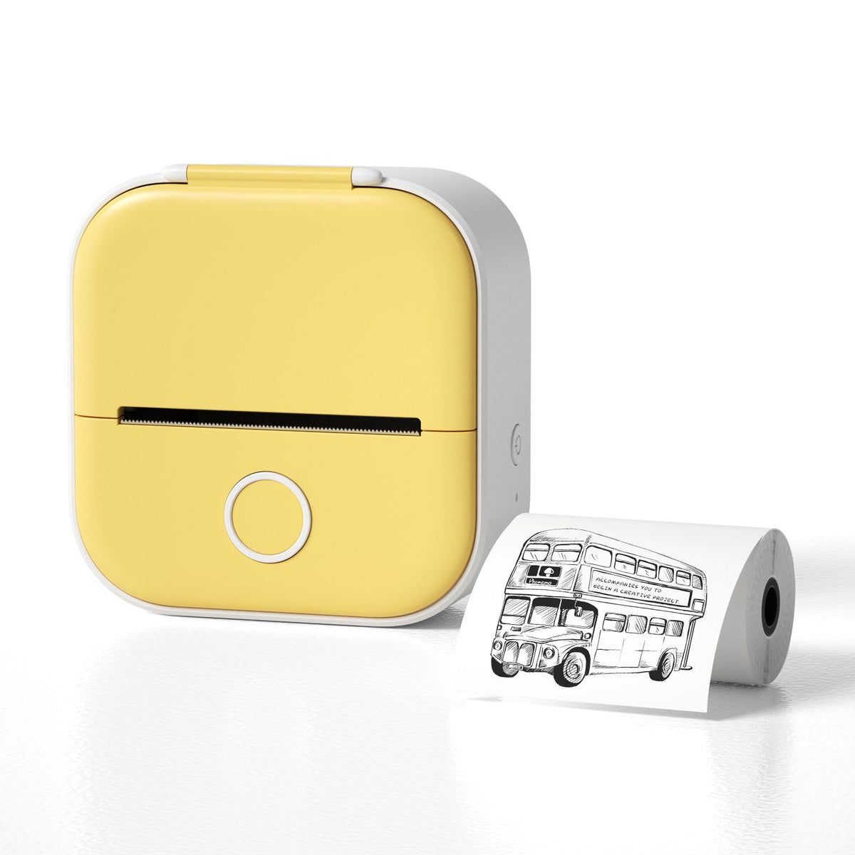 Yellow thermal label printer shown with a printed thermal paper roll, highlighting the compact pocket-sized design.