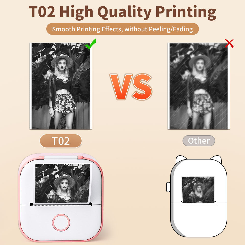 Thermal labels print quality comparison infographic showing the high-resolution output of the T02 thermal label printer.