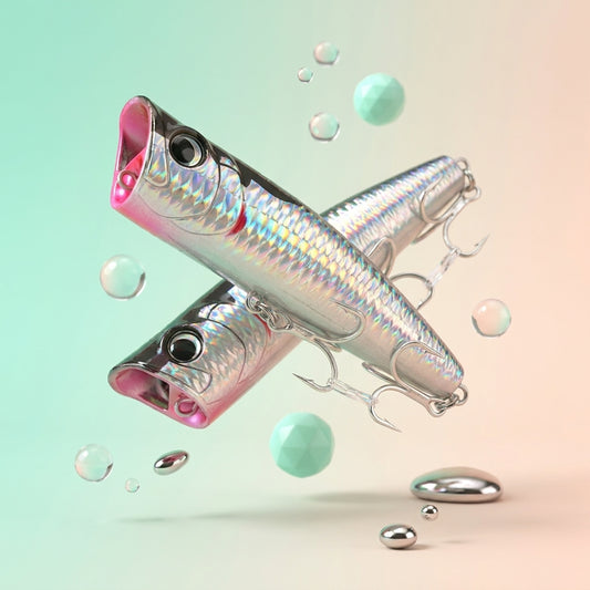 Topwater bass lures shown floating on water with splash droplets, demonstrating the surface action that triggers explosive strikes from bass and pike.