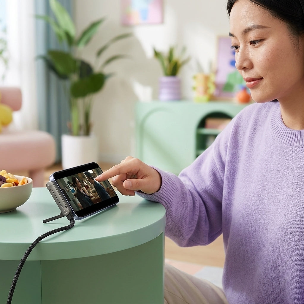 USB-C phone charger with built-in stand shown at an adjustable angle, demonstrating the 360° rotation for portrait and landscape viewing.