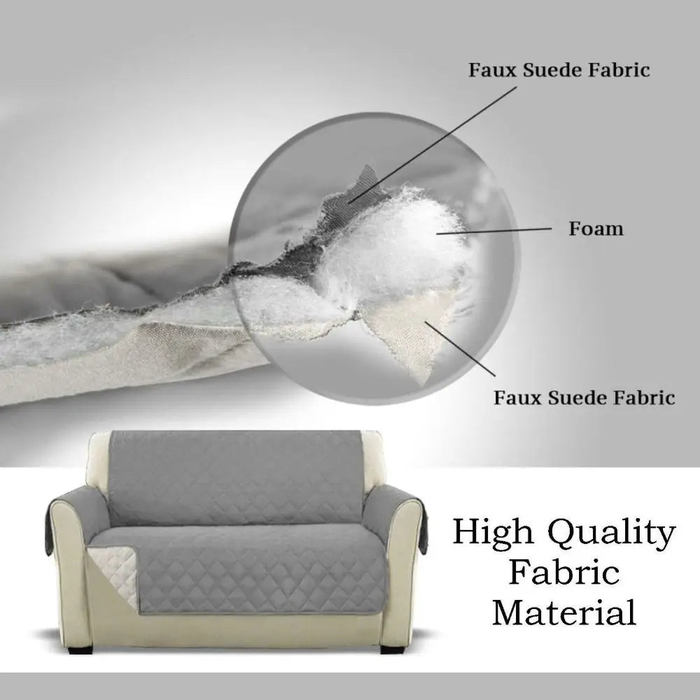 Cross-section infographic of the washable sofa cover showing the 3-layer construction: faux suede outer, foam core, and faux suede lining