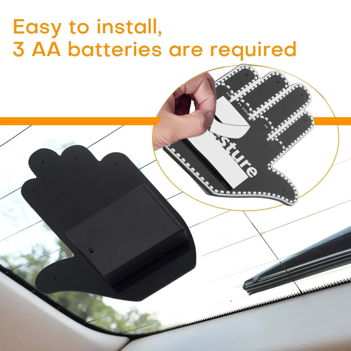 Window emoji communicator showing the 3M Velcro rear window installation, compact remote, and easy-access battery compartment.